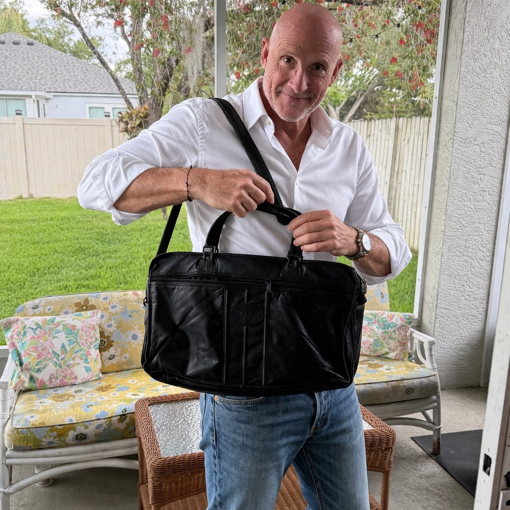 Kluge Black Leather Weekender Travel Bag Carry On Expandable Laptop Briefcase